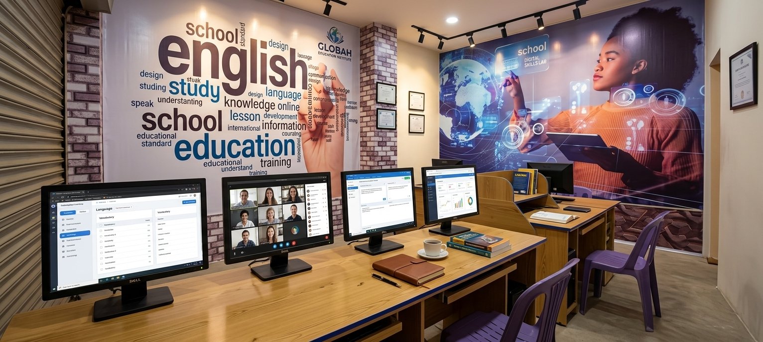 Rows of computer workstations inside the Jinnah Computer Academy training lab
